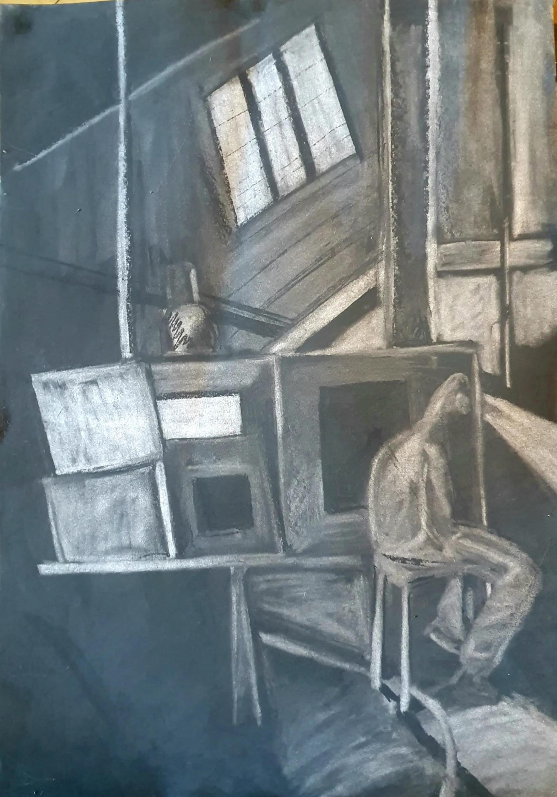 EMDR reprocessing: a charcoal drawing by Clare Burke of a figure with a shaft of light.